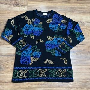 Womens Vintage 90s Holiday Time Black Sweater with Blue & Gold Roses Made in USA